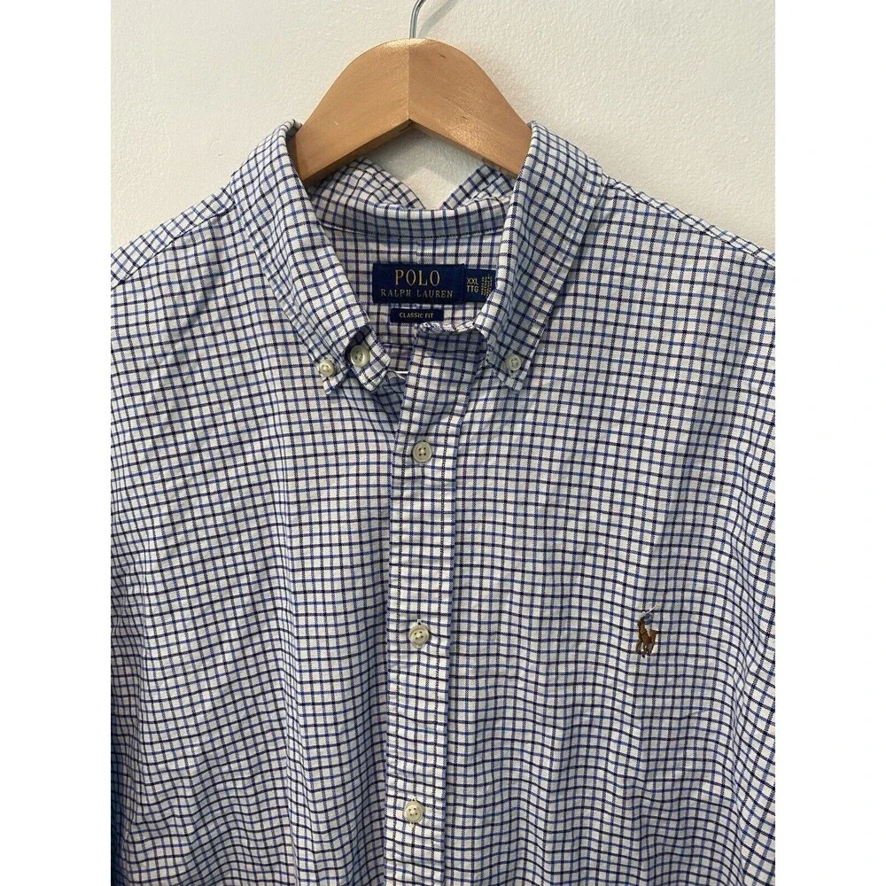 Polo Ralph Lauren Shirt Mens 2XL XXL Blue Oxford Long Sleeve Plaid Check Pony